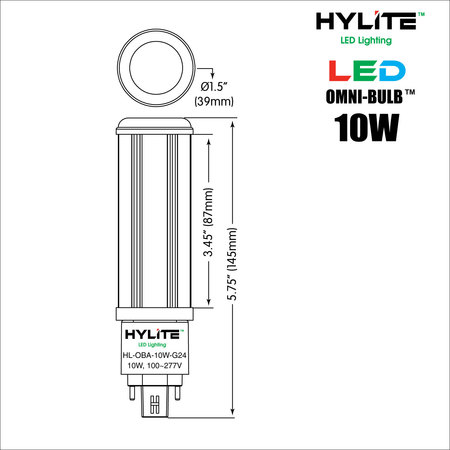 Hylite LED Omni Repl Lamp for 18W/26W/32W CFL, 10W, 750 Lumens, 4000K, G24 HL-OBA-10W-G24-40K